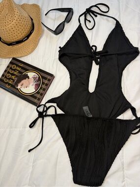 Black Strappy One-Piece Swim - Sleek Cutout Tie-Side Swimsuit